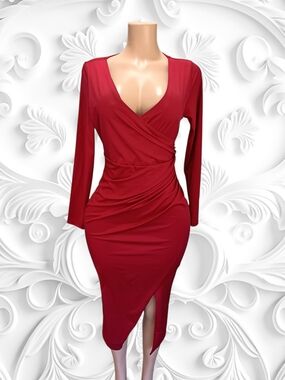 Popilush Women's Red Wrap-Front Long Sleeve Midi Dress